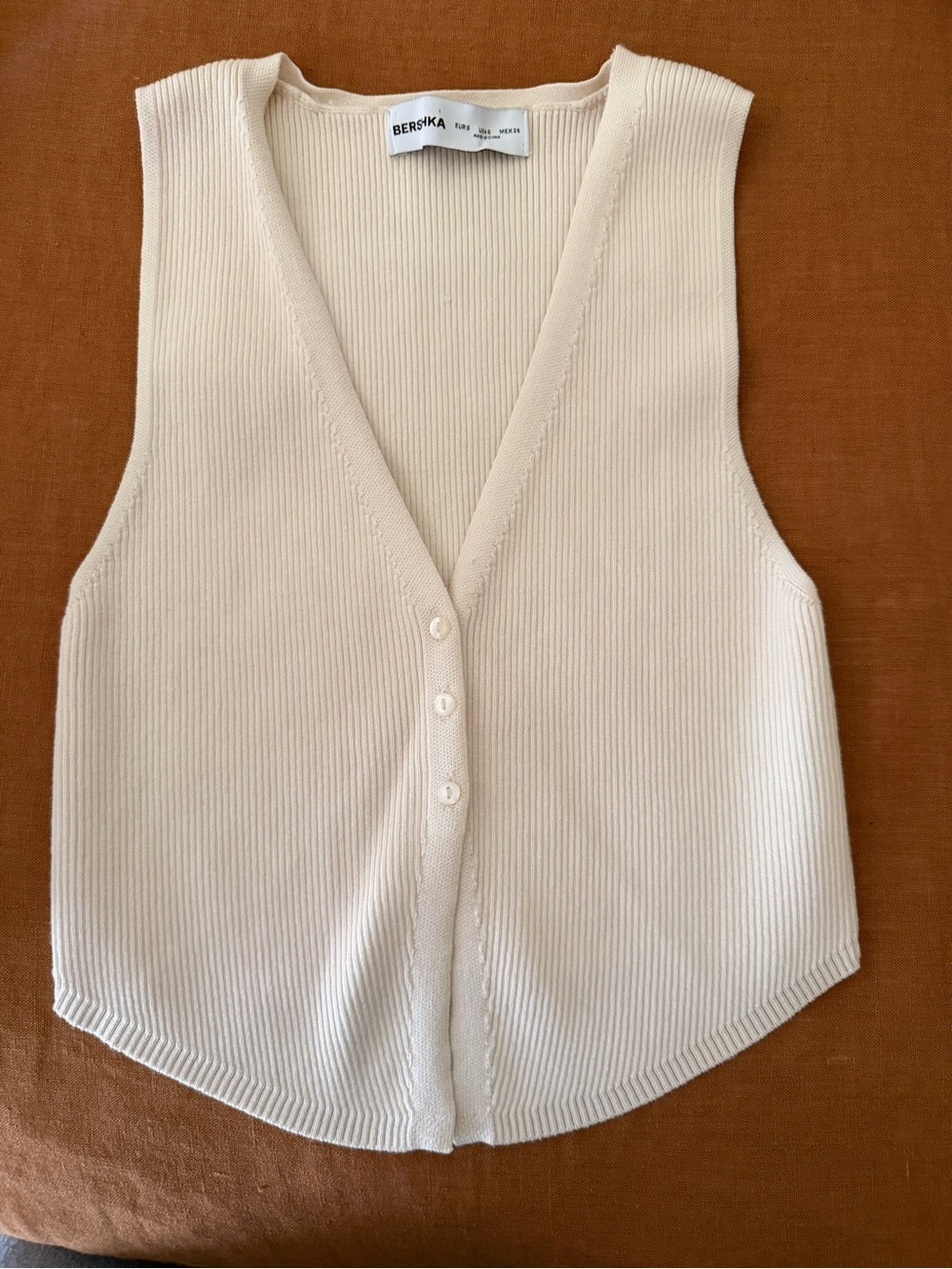 Bershka Cream Ribbed V-Neck Button Vest